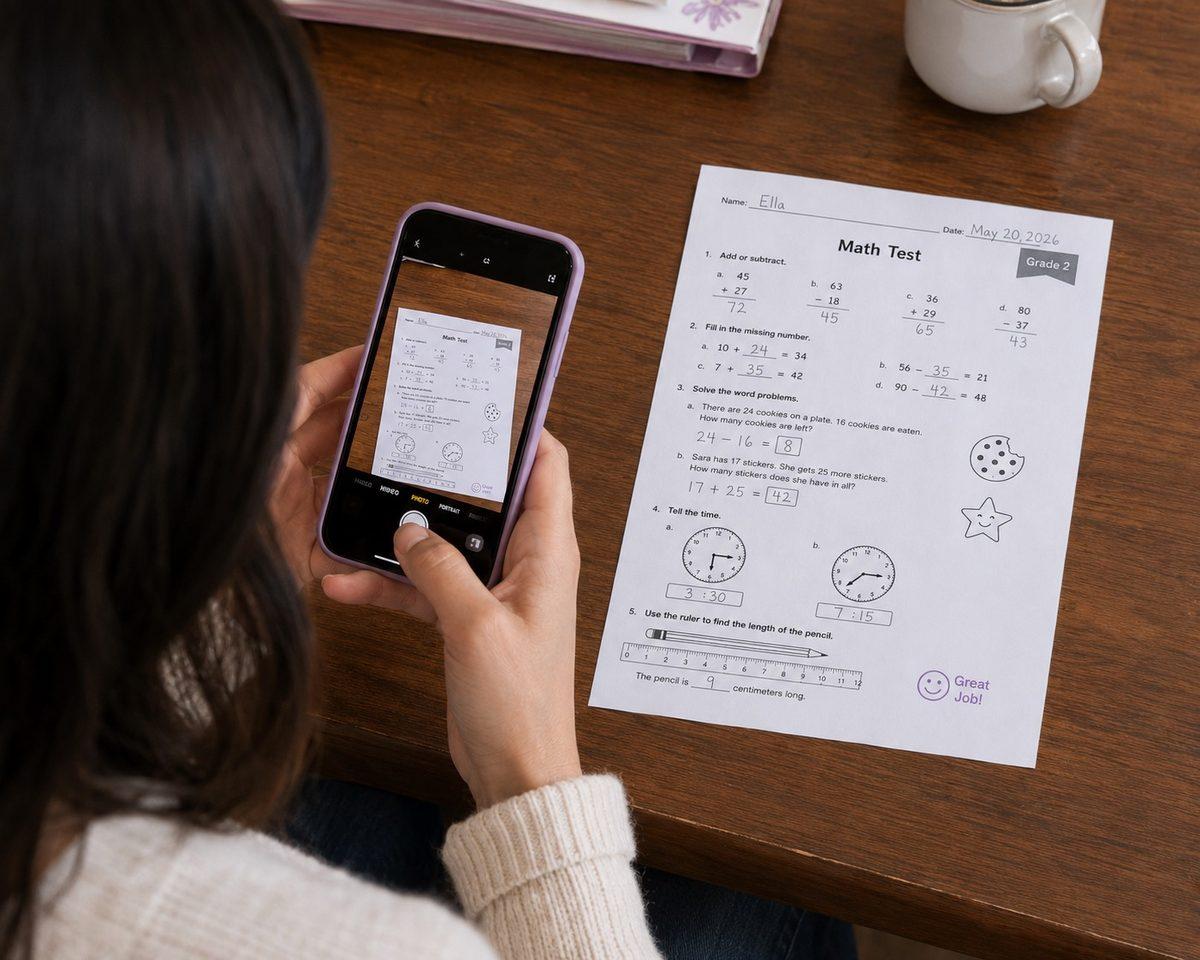 A parent photographs a child's math worksheet with a phone to add it to The Homeschool Portfolio.
