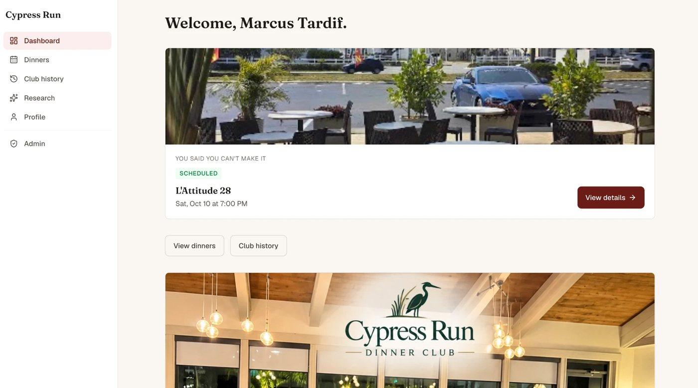 The Cypress Run Dinner Club dashboard showing the next scheduled dinner and the member navigation.