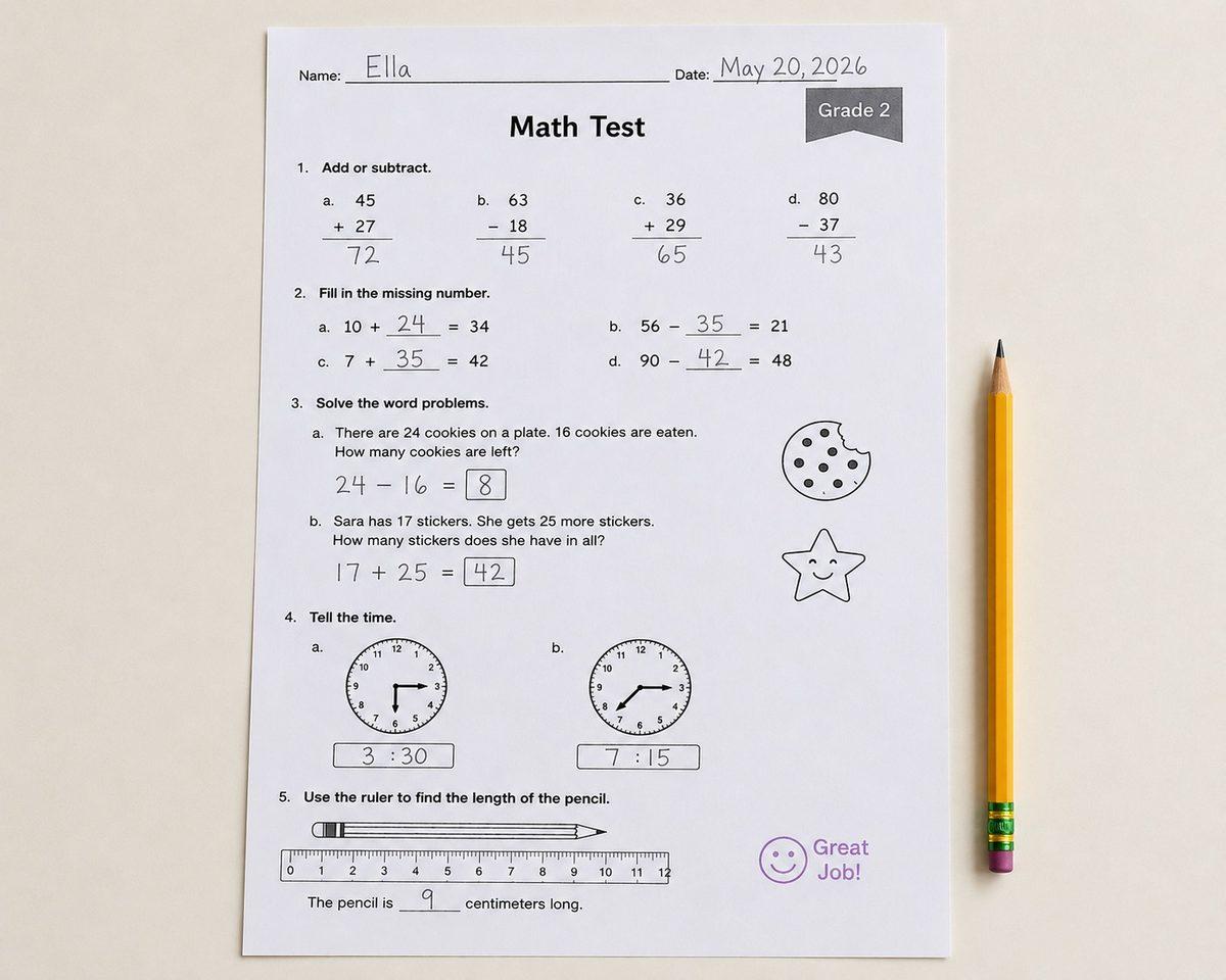 A child's completed math worksheet ready to be captured into The Homeschool Portfolio.